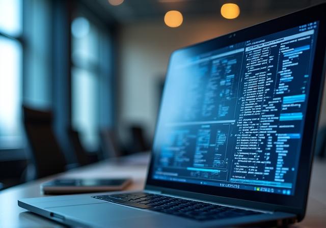 Ufficio moderno con impiegato sommerso da documenti digitali, stile dark-tech